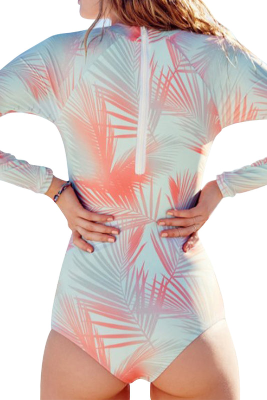 Iyasson Orange Palm Leaves Printing Long Sleeves One-piece Swimsuit