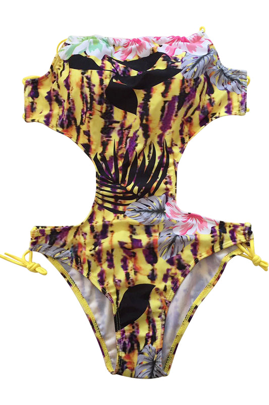 Iyasson Yellow Leaves Print Halter One-piece Swimsuit