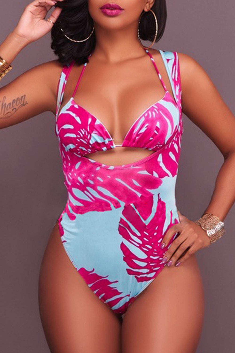 Iyasson Tropical Leaves Printing Halter Two-piece Swimwear