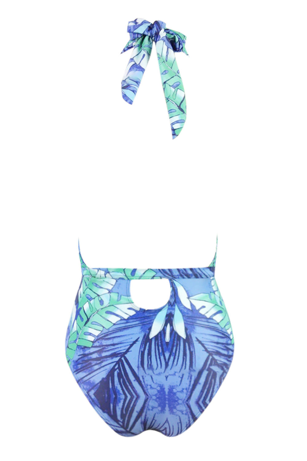 Iyasson Blue Floral Printing Front Cross Halter One-piece swimsuit