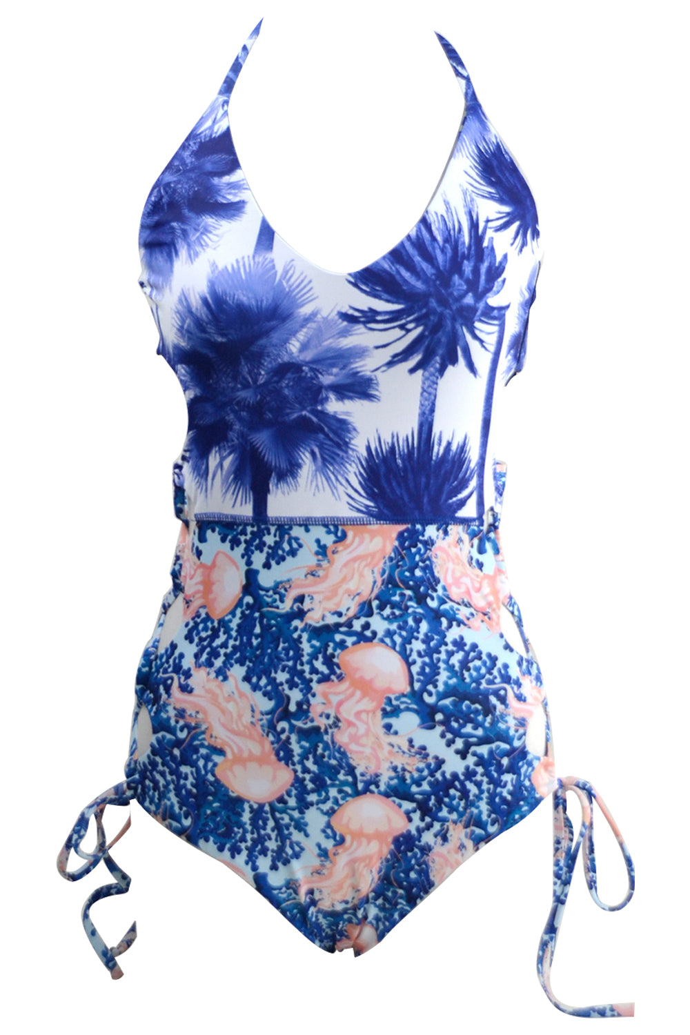 Iyasson Coconut Tree Ocean Lace Up One-piece Swimsuit