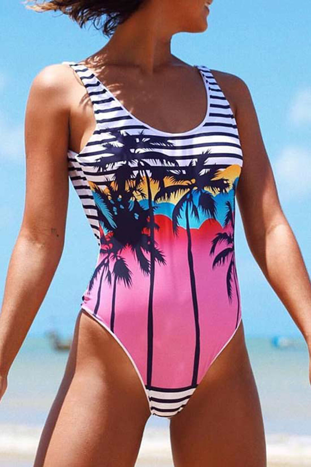 STRIPED LOW BACK TROPICAL PALM TREE ONE PIECE SWIMSUIT