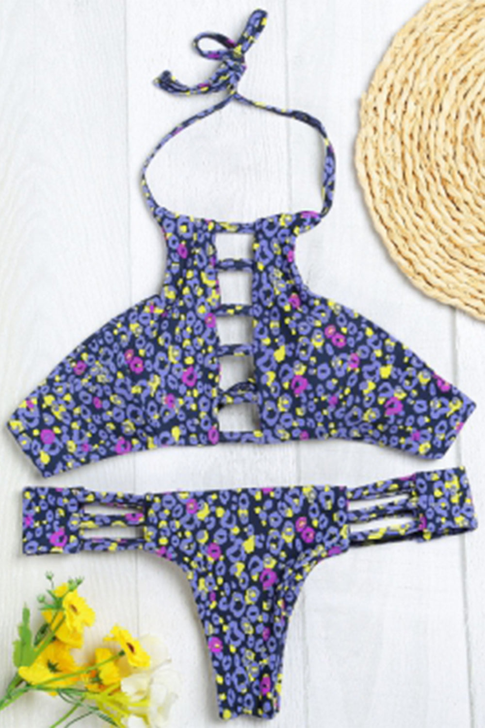 Halter Neck Backless Cut Out Print Tied Low Waist Women Bikini Set