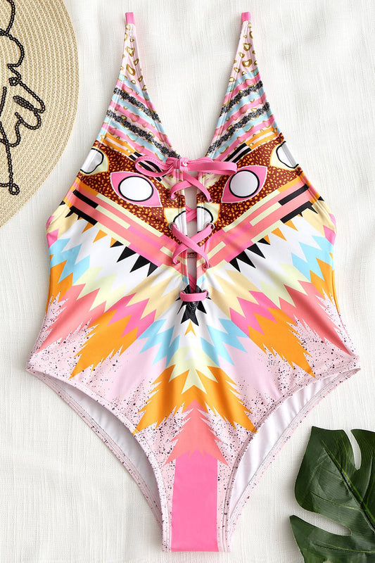Lace-up Print High Leg Swimsuit