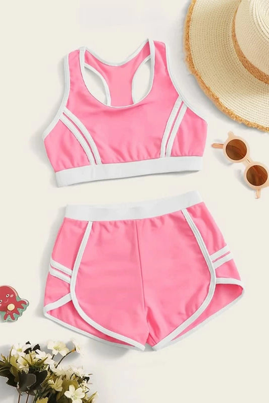 Girls Contrast Binding Tank Top With Shorts Bikini