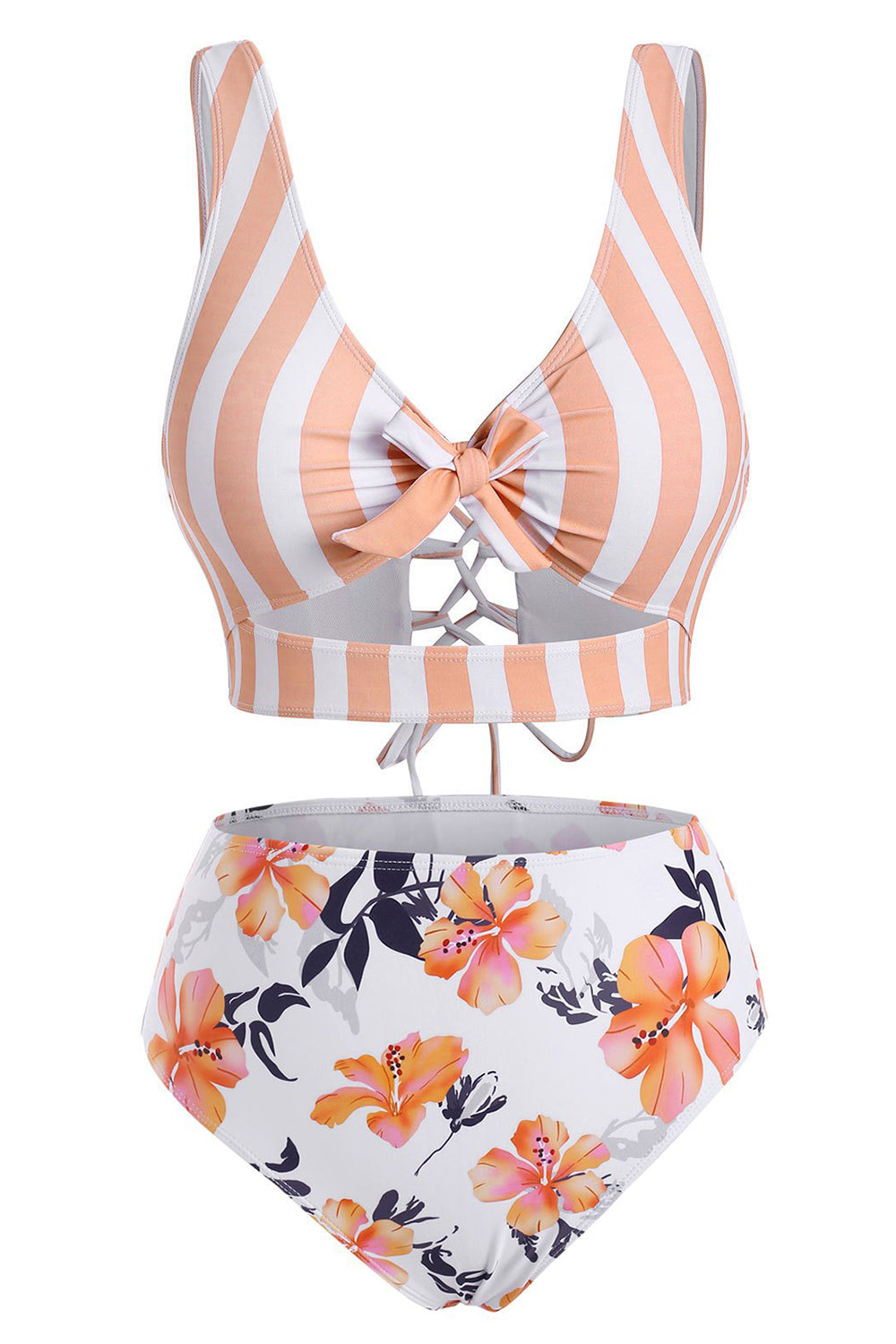 Striped Floral Cutout Lace-up Tankini Swimwear