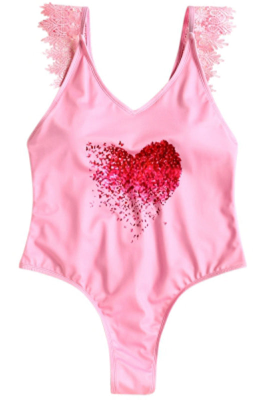Lace Applique Plunge High Leg Valentine Swimsuit
