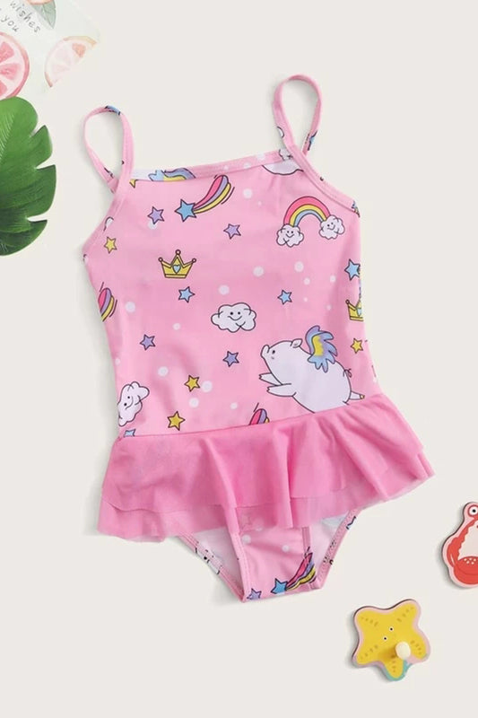Toddler Girls Cartoon Graphic Ruffle One Piece Swimwear
