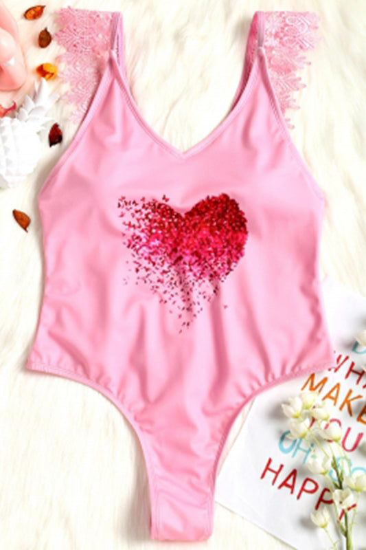 Lace Applique Plunge High Leg Valentine Swimsuit