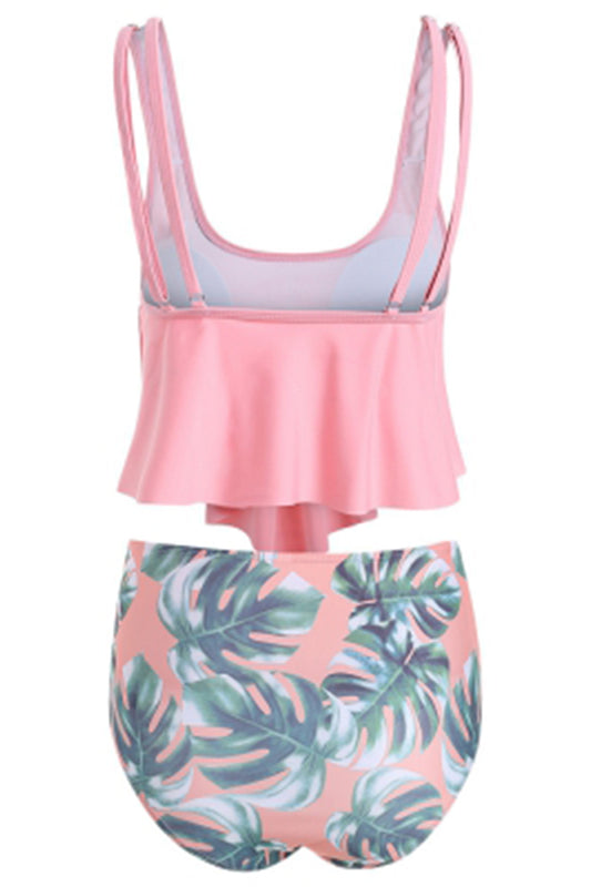 Pink Floral Print Tropical Cute U Neck Tankini Set