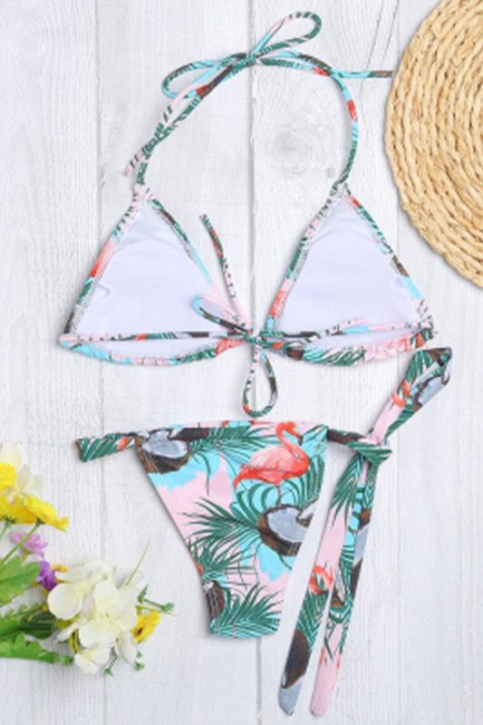 Halter Neck Backless Padded Bird Print Low Waist Women Bikini Set