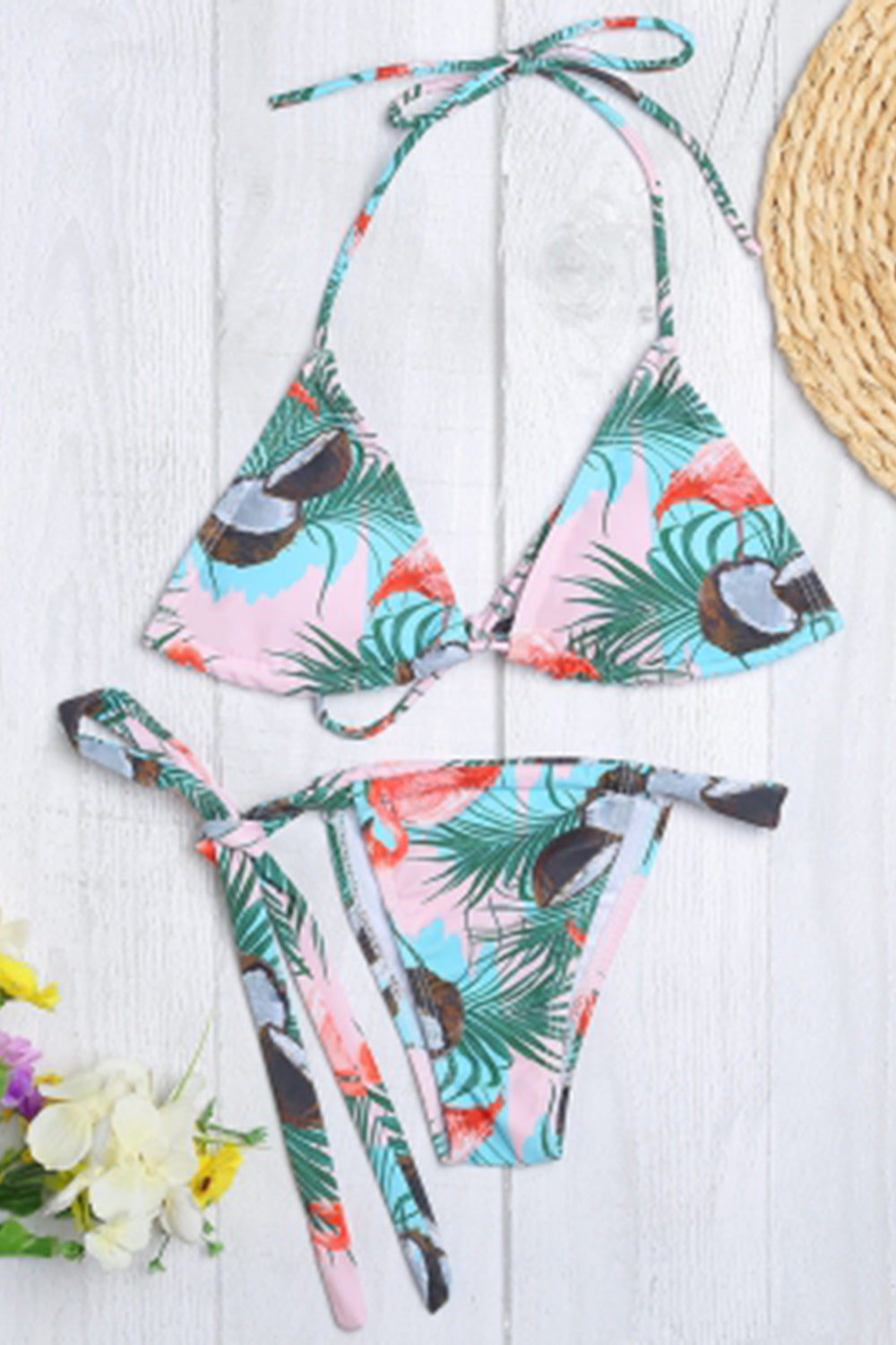 Halter Neck Backless Padded Bird Print Low Waist Women Bikini Set