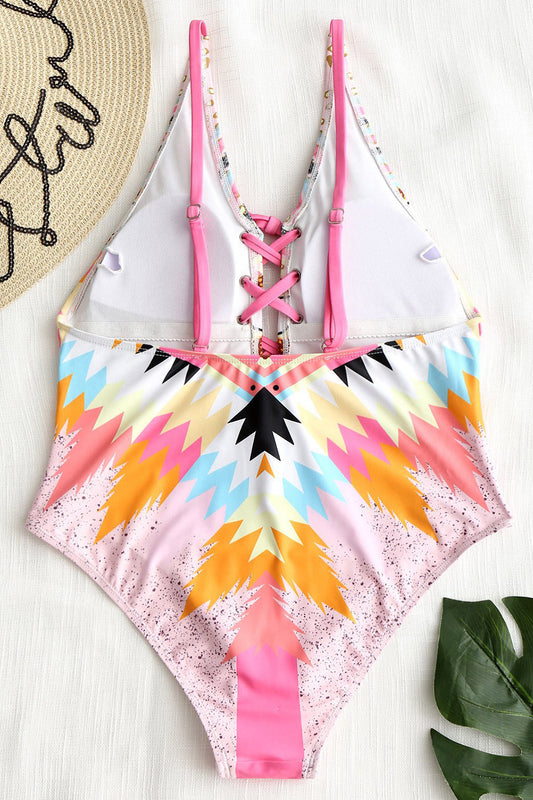 Lace-up Print High Leg Swimsuit