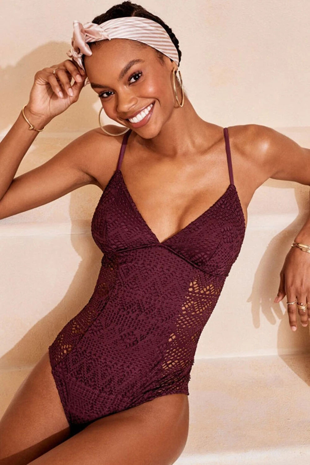 CUTWORK TIE BACK V NECK LACE ONE PIECE SWIMSUIT