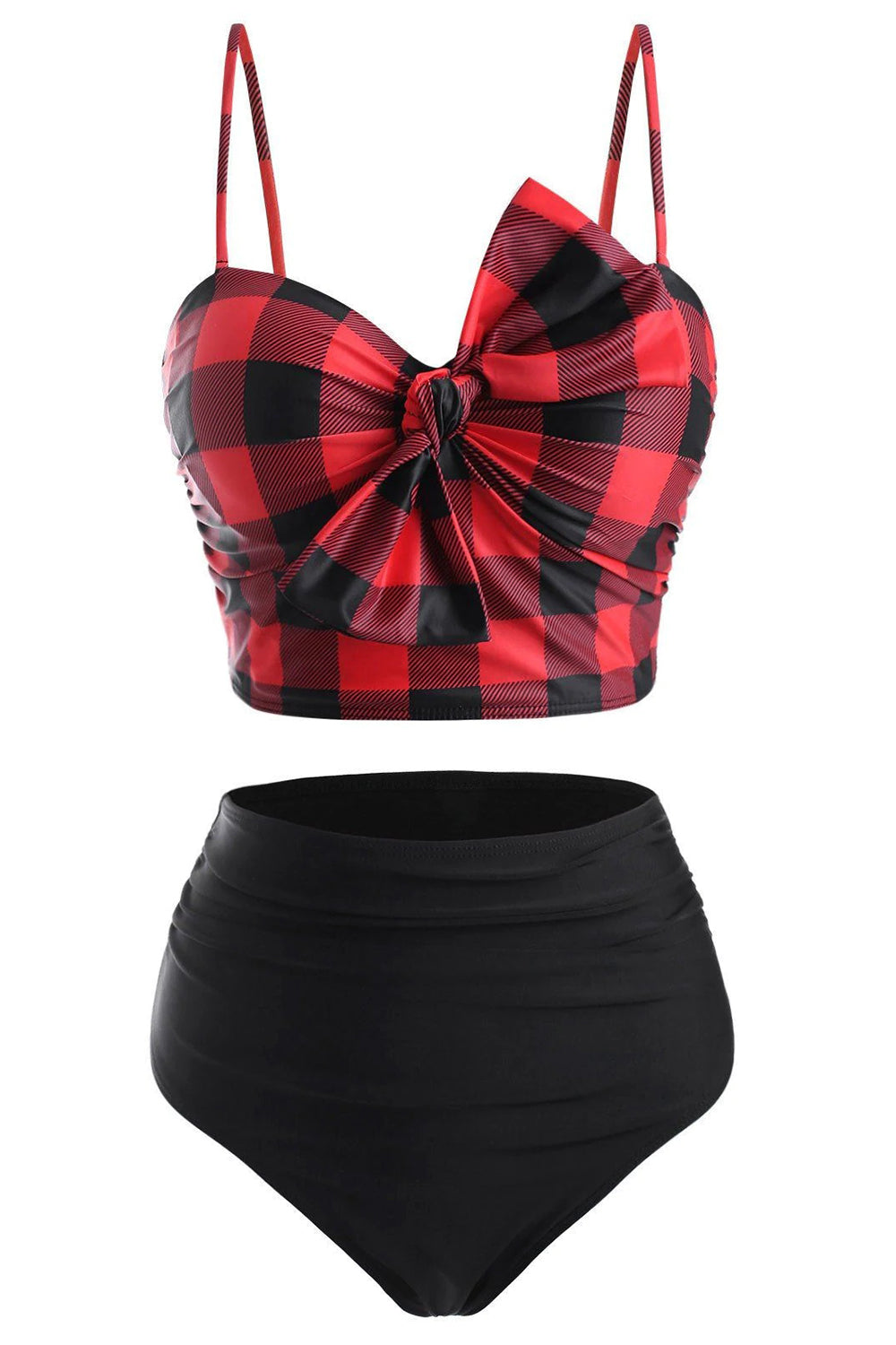 Plaid Bowknot Push Up Ruched Tankini Swimwear