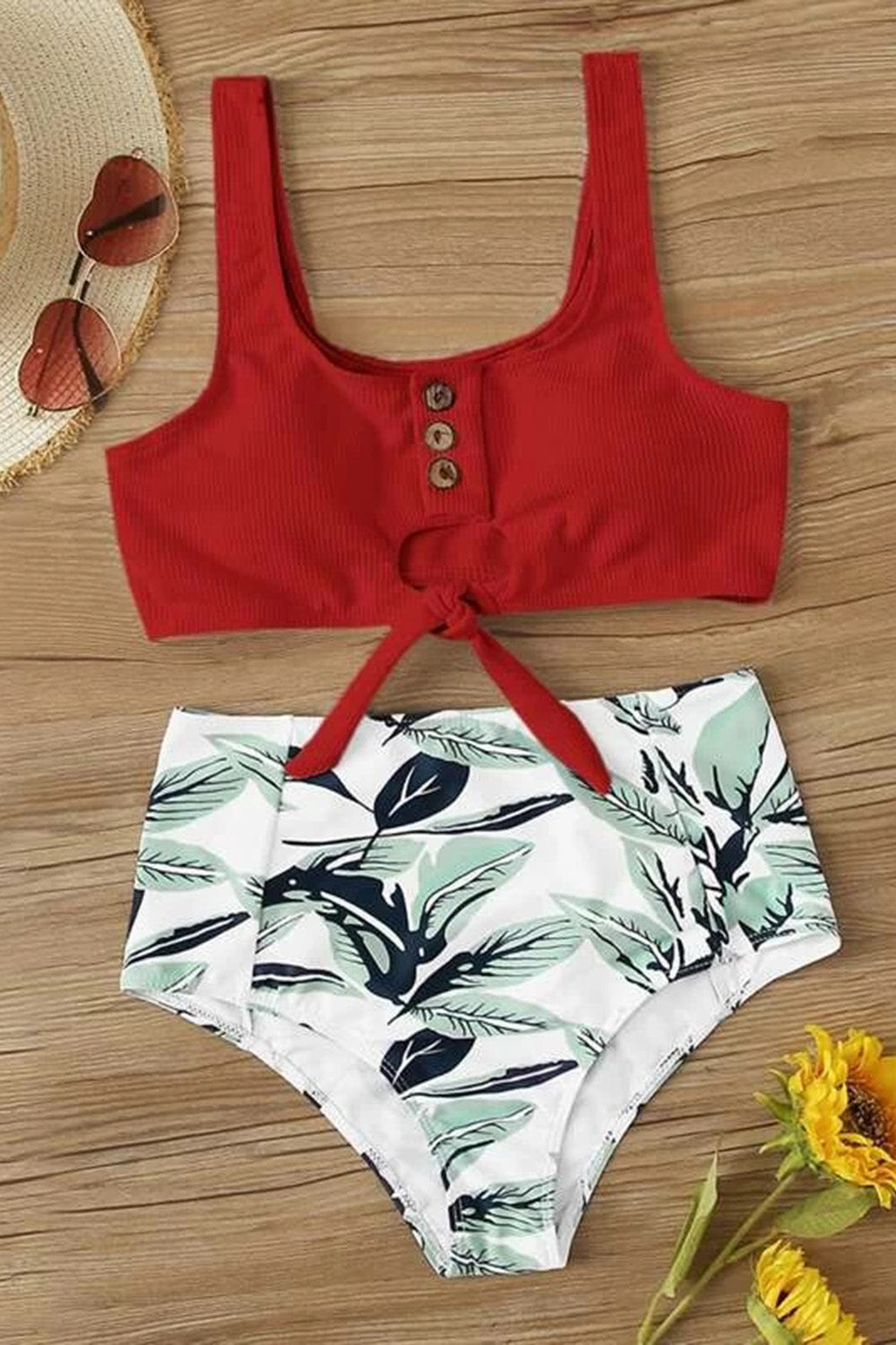 Plant Print Rib Knot Front High Waisted Bikini