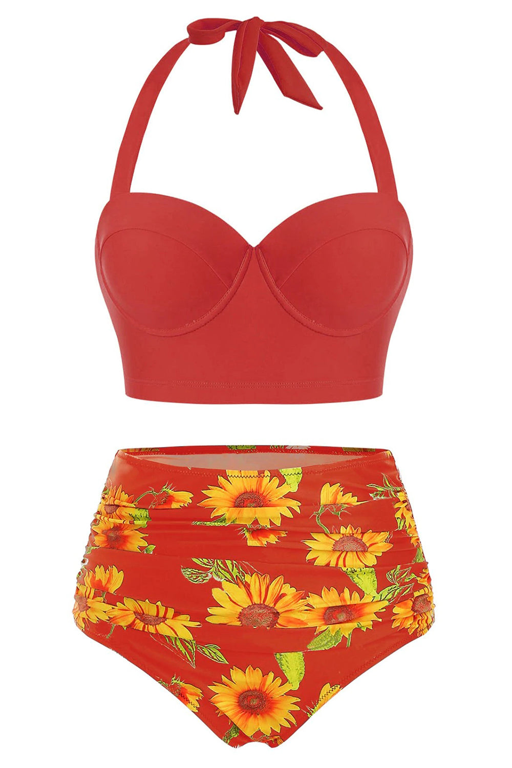 Sunflower Print Ruched Halter Bikini Swimsuit