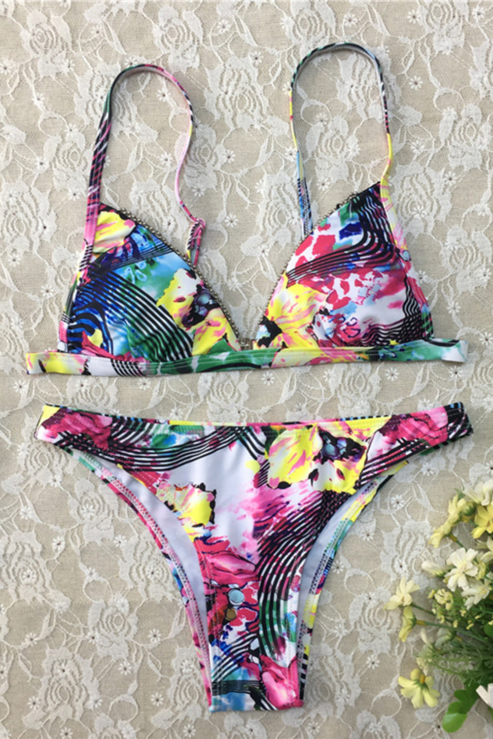 TROPICAL FLORAL TRIANGLE BIKINI SWIMSUIT