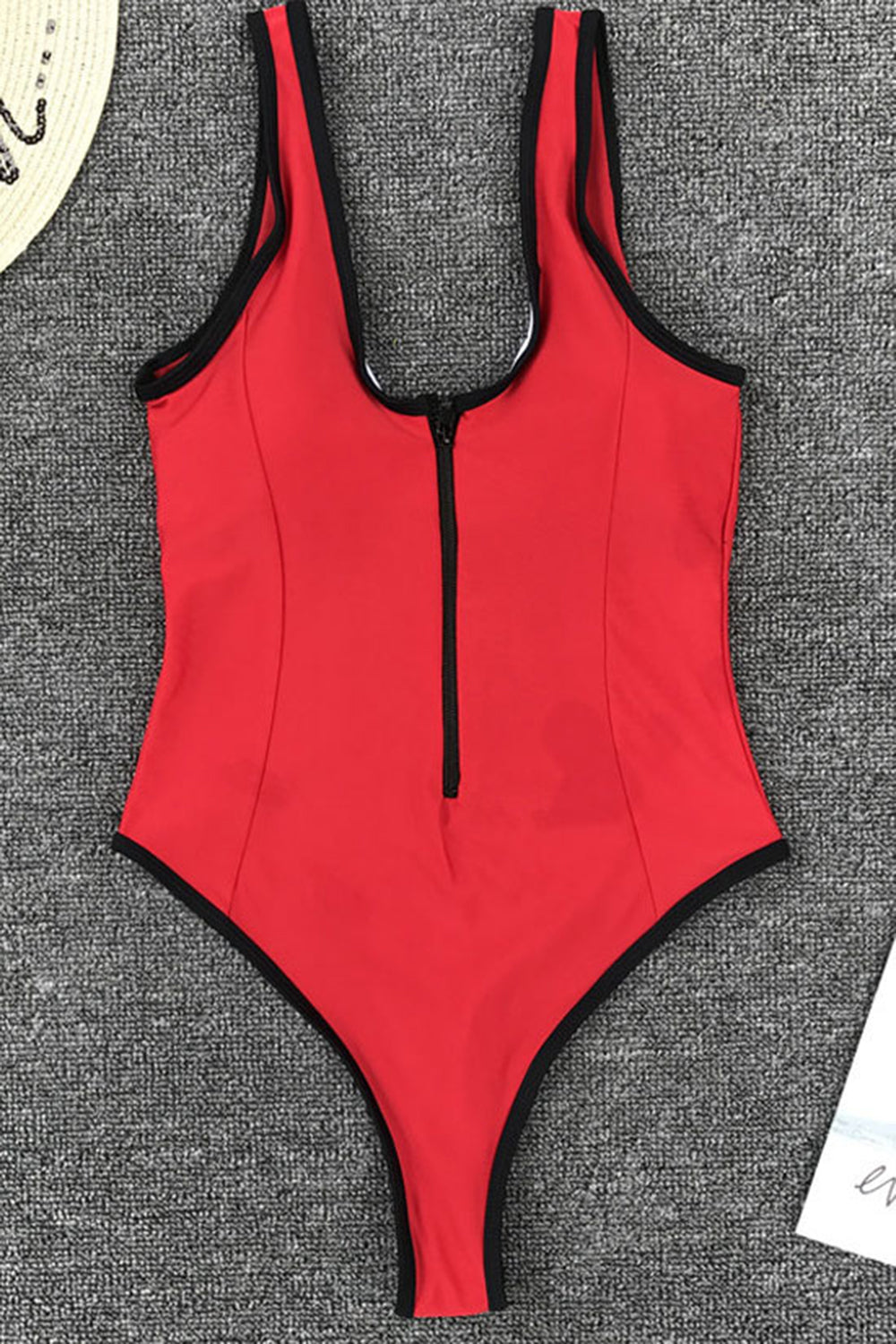 CONTRAST COLOR EDGE HIGH LEG LOW BACK ZIPPER FRONT ONE PIECE SWIMSUIT