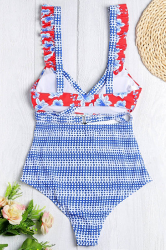 Plunge Neck Criss-cross Padded Ruffle Floral Print High Waist Women Bikini Set