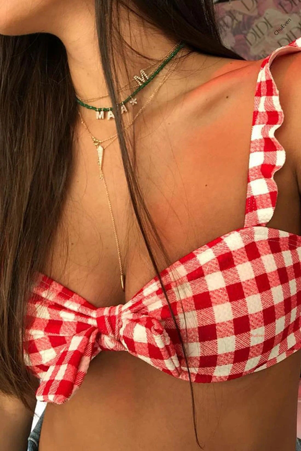 HIGH LEG GINGHAM KNOTTED BRAZILIAN THONG BIKINI SWIMSUIT