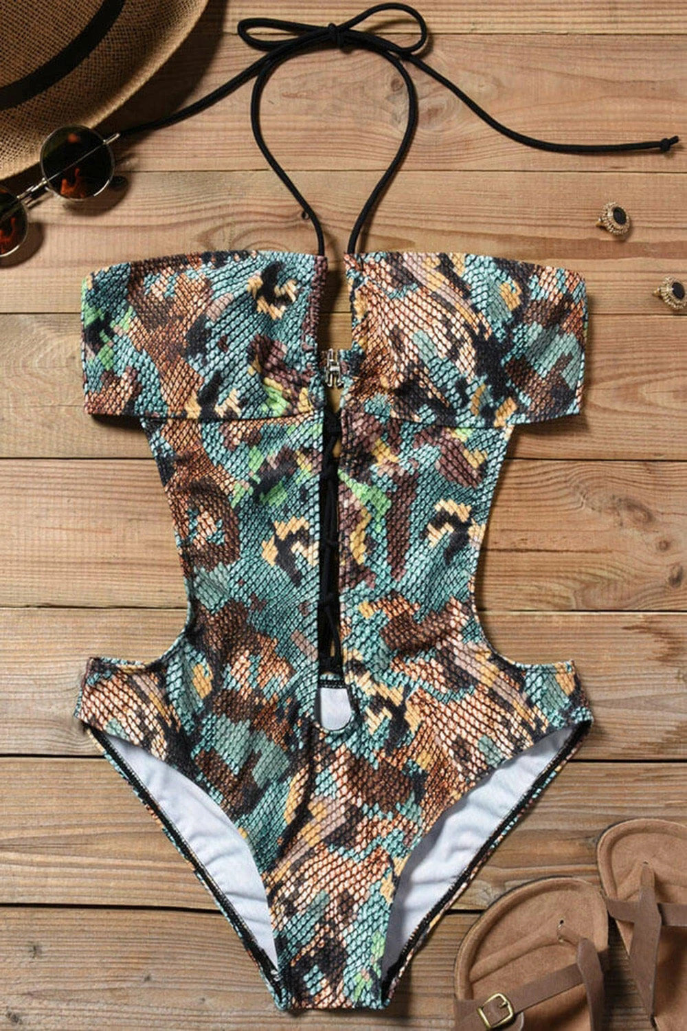 SNAKE LACE UP FRONT HALTER MONOKINI ONE PIECE SWIMSUIT