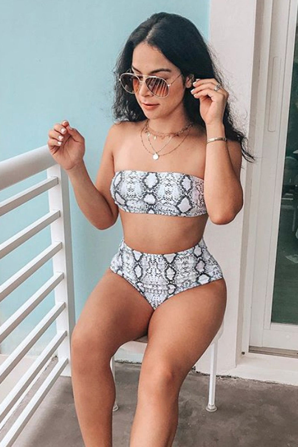 Snake Print Bandeau High Waist Two Piece Swimsuit