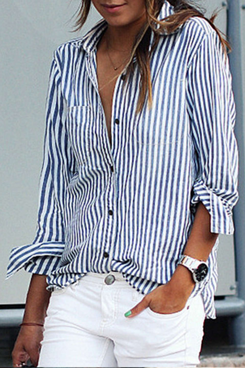 Iyasson Navy Blue Striped Long Sleeve Loose Shirt