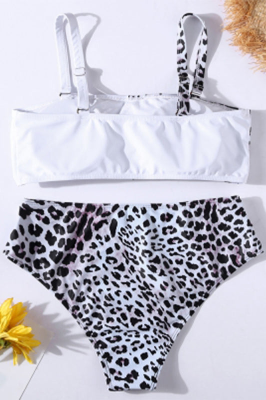 Women Bikini Set Leopard Print Color Splice Design High Waist Bottom Swimsuit