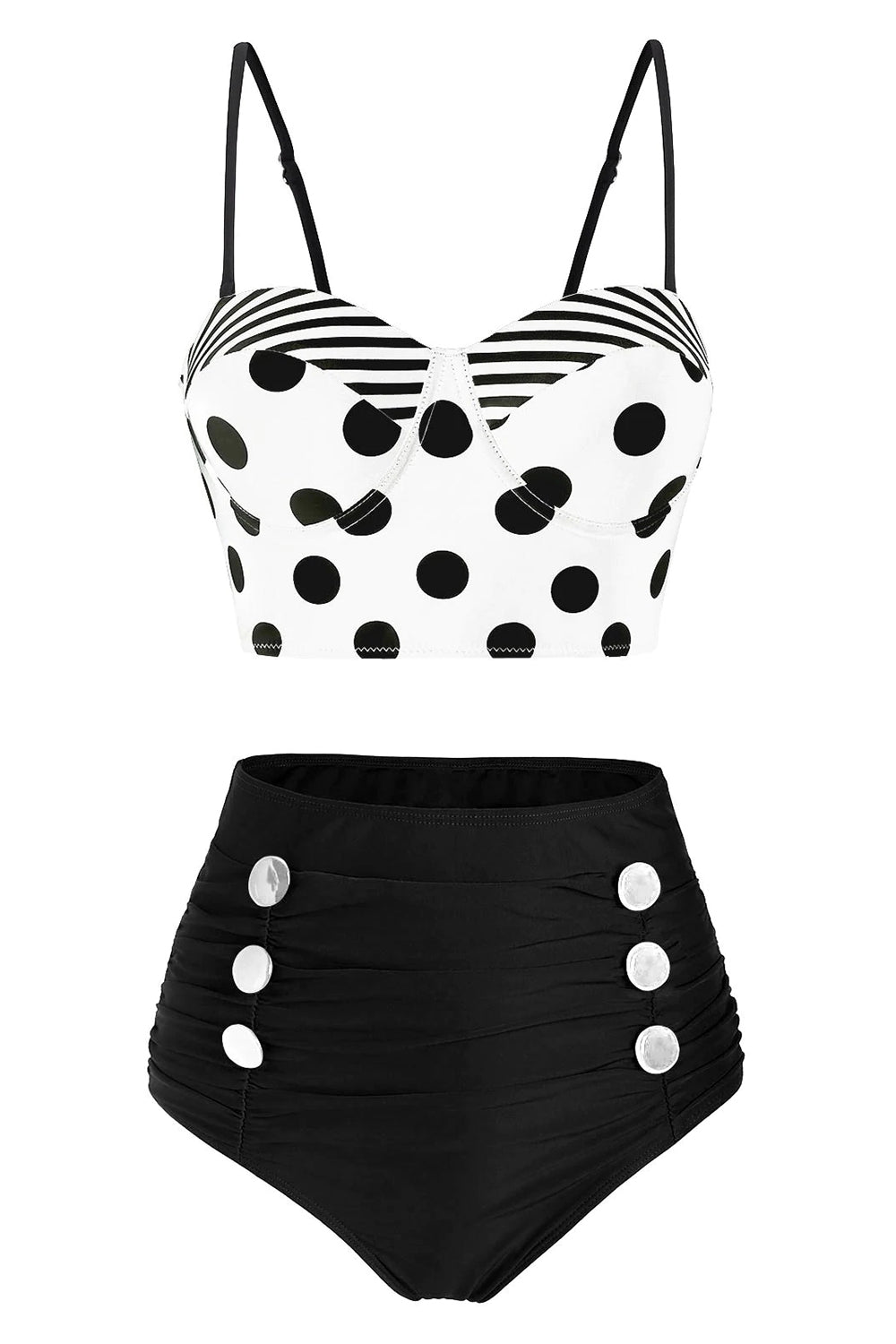 Polka Dot Striped Button Embellished Moulded Tankini Swimwear