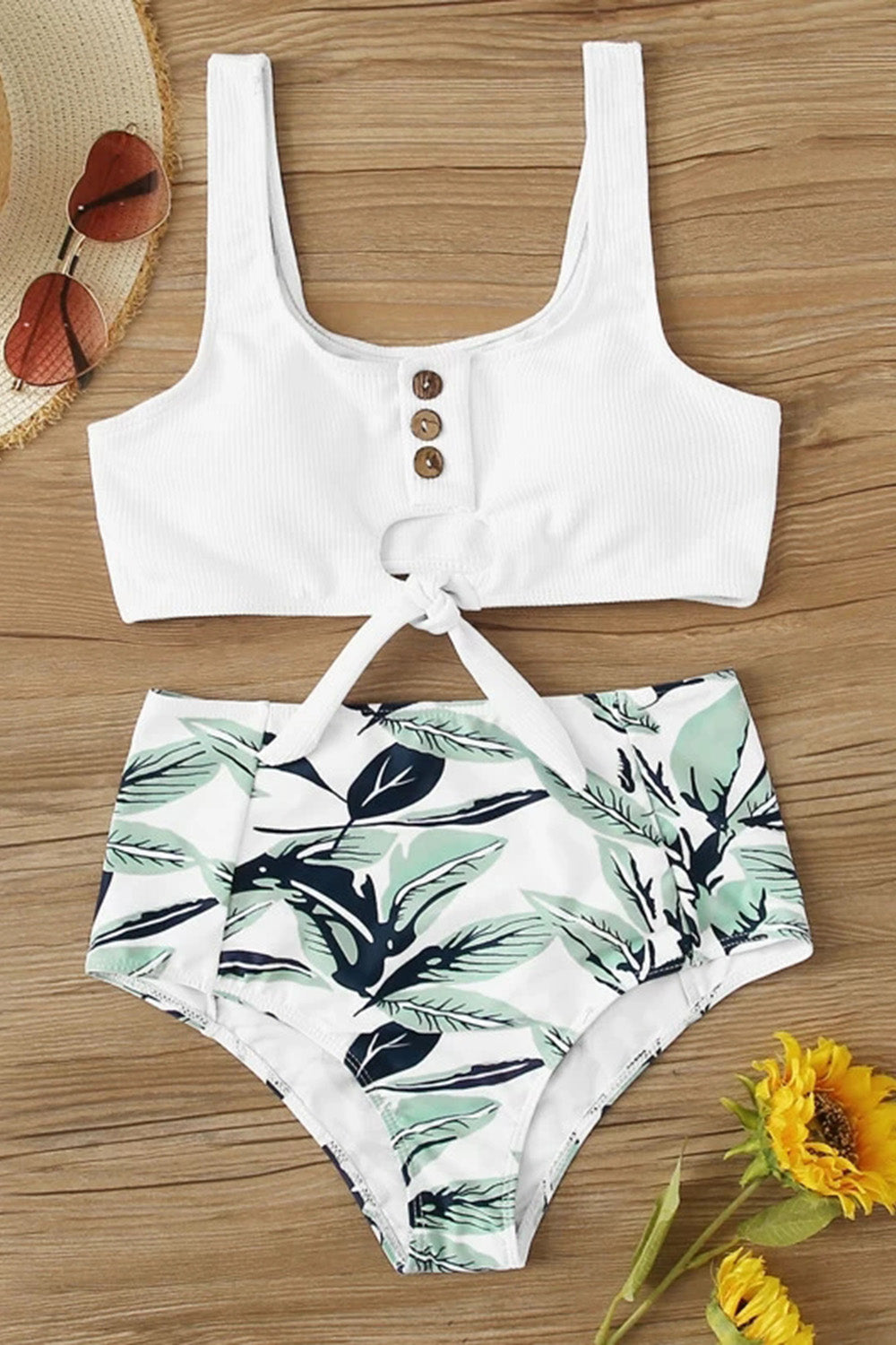Plant Print Rib Knot Front High Waisted Bikini