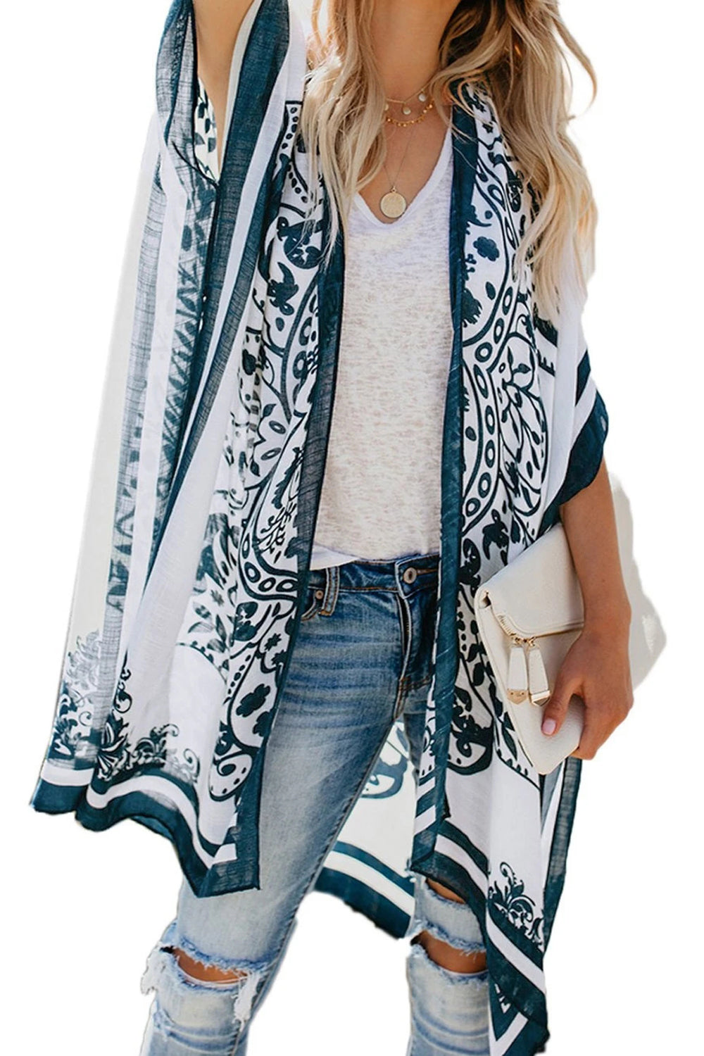 Printed Collarless Slit Poncho Cover Up