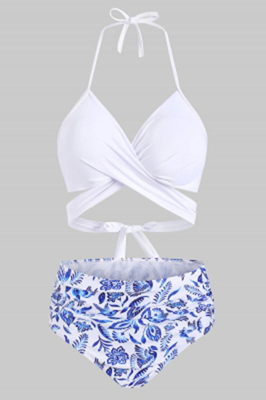 Flower Bird Pineapple Halter Criss Cross Tummy Control Bikini Swimwear