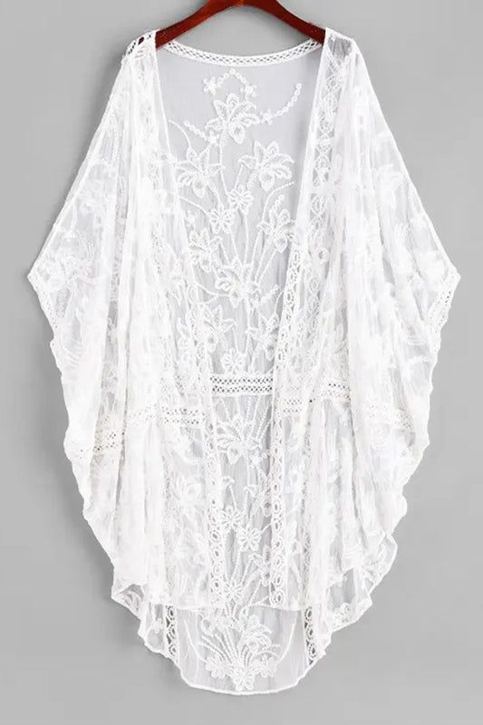 Embroidered Sheer Mesh Batwing Beach Cover-up