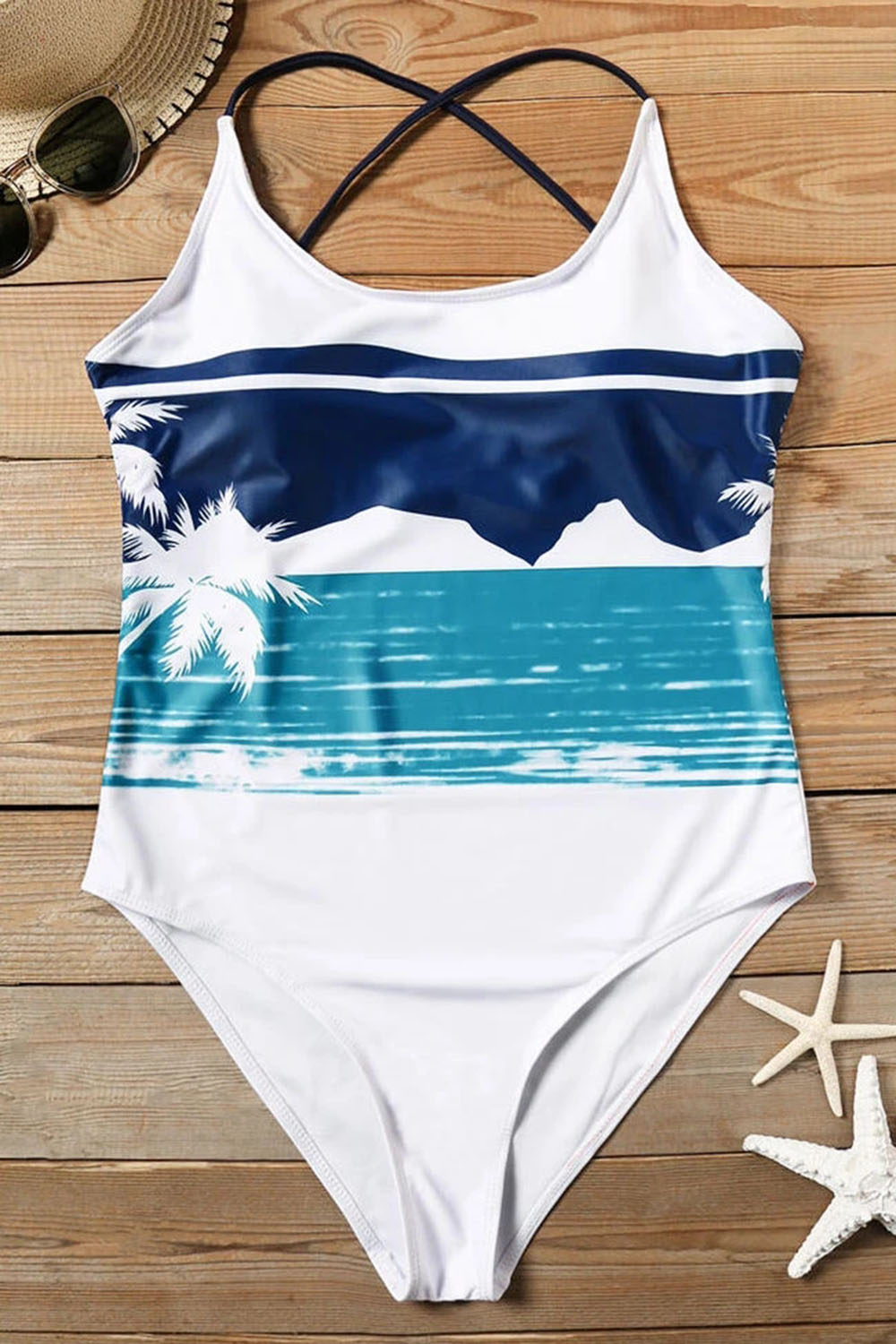 BEACH LANDSCAPE CRISSCROSS BACK ONE PIECE SWIMSUIT