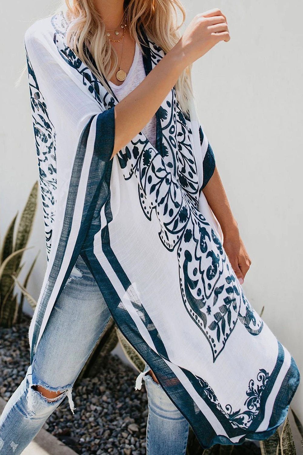 Printed Collarless Slit Poncho Cover Up