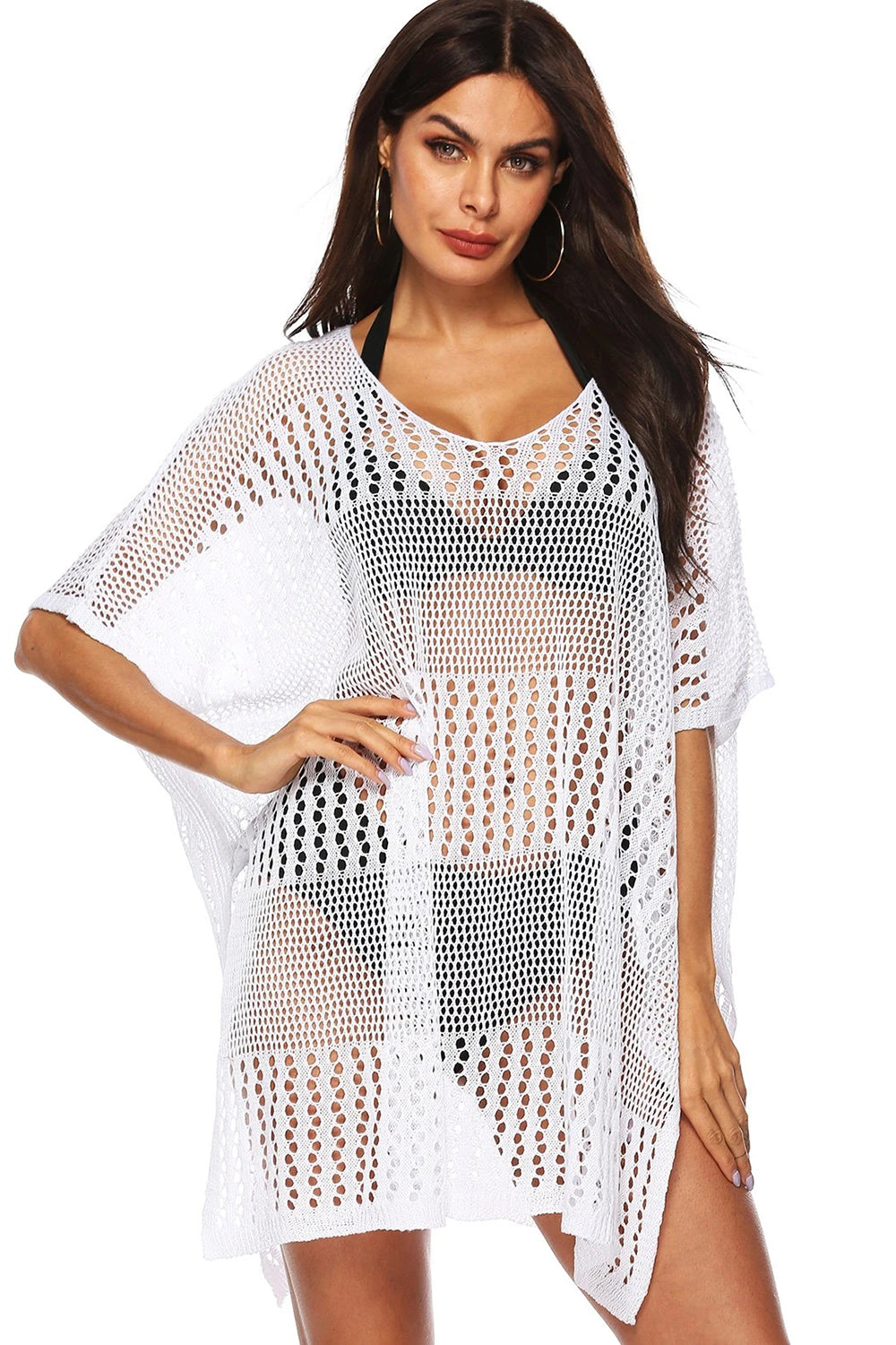 Batwing Sleeve Crochet Beach Cover Up Dress