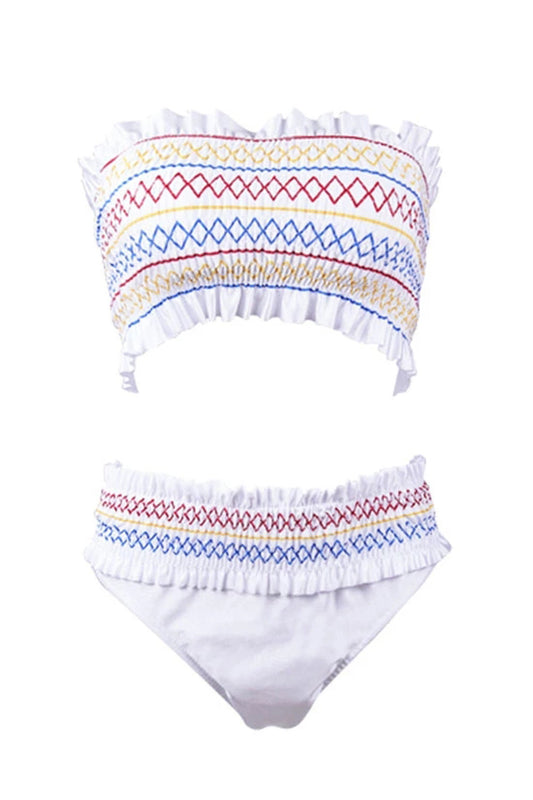 WHITE COLOR RHOMBUS SHIRRED BANDEAU BIKINI SWIMSUIT