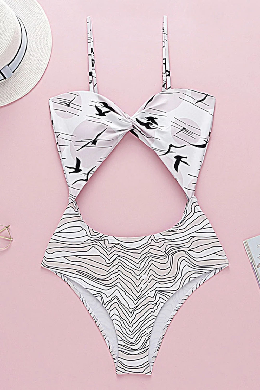 SEAGULL PRINTED CUTOUT TWIST FRONT ONE PIECE SWIMSUIT
