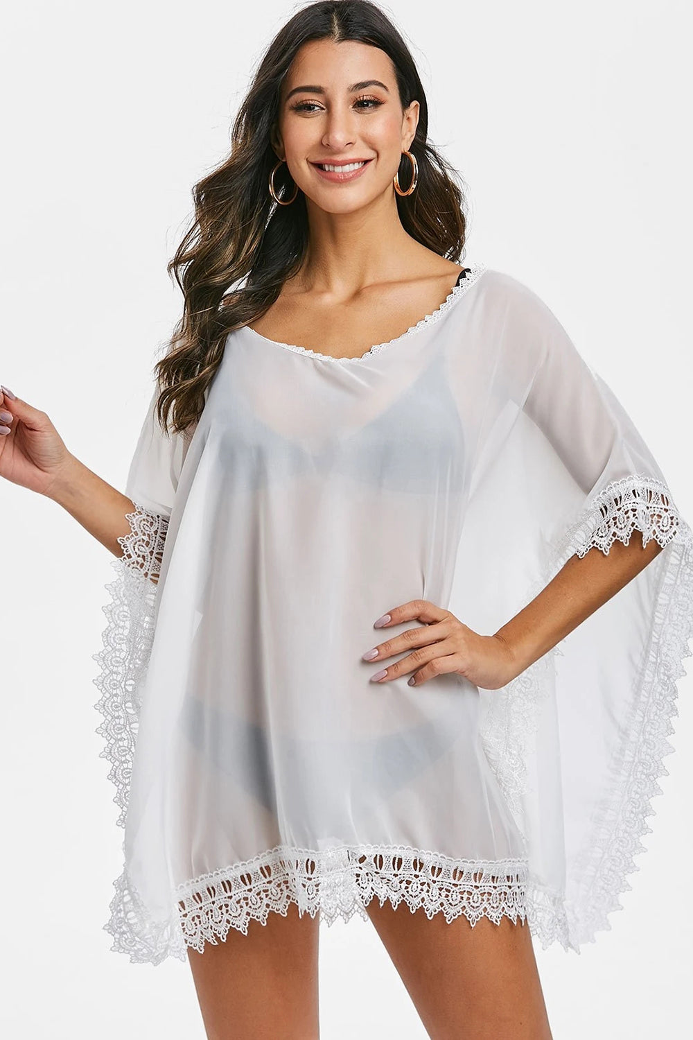 Lace Panel V Neck Asymmetric Cover Up