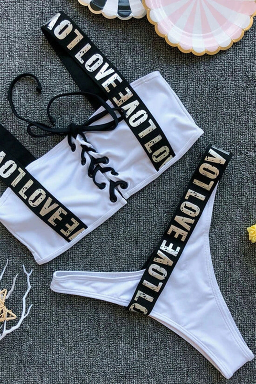 HIGH LEG METALLIC LETTER STRAP LACE UP BIKINI SWIMSUIT