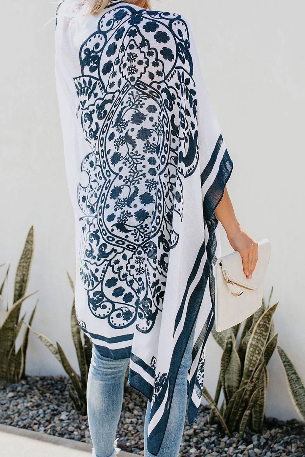 Printed Collarless Slit Poncho Cover Up