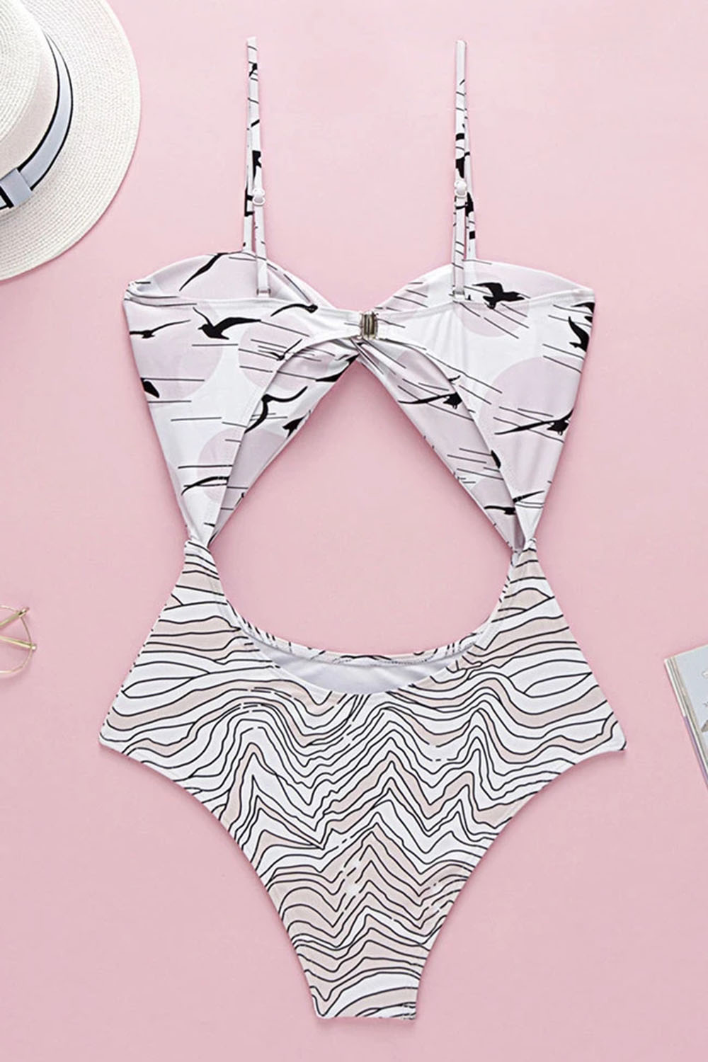 SEAGULL PRINTED CUTOUT TWIST FRONT ONE PIECE SWIMSUIT