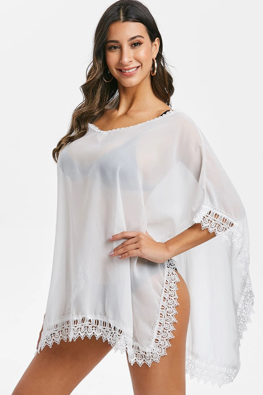 Lace Panel V Neck Asymmetric Cover Up