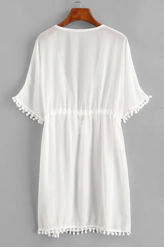 Drawstring Chiffon Pompoms Beach Dress