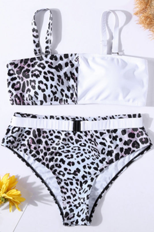 Women Bikini Set Leopard Print Color Splice Design High Waist Bottom Swimsuit