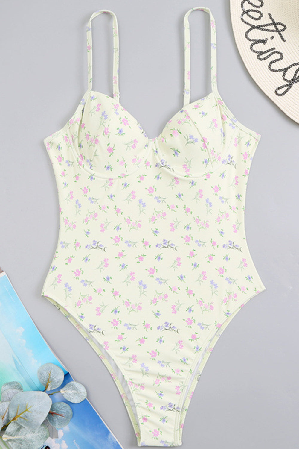 Women Vintage Floral Print High Leg One Piece Swimsuit