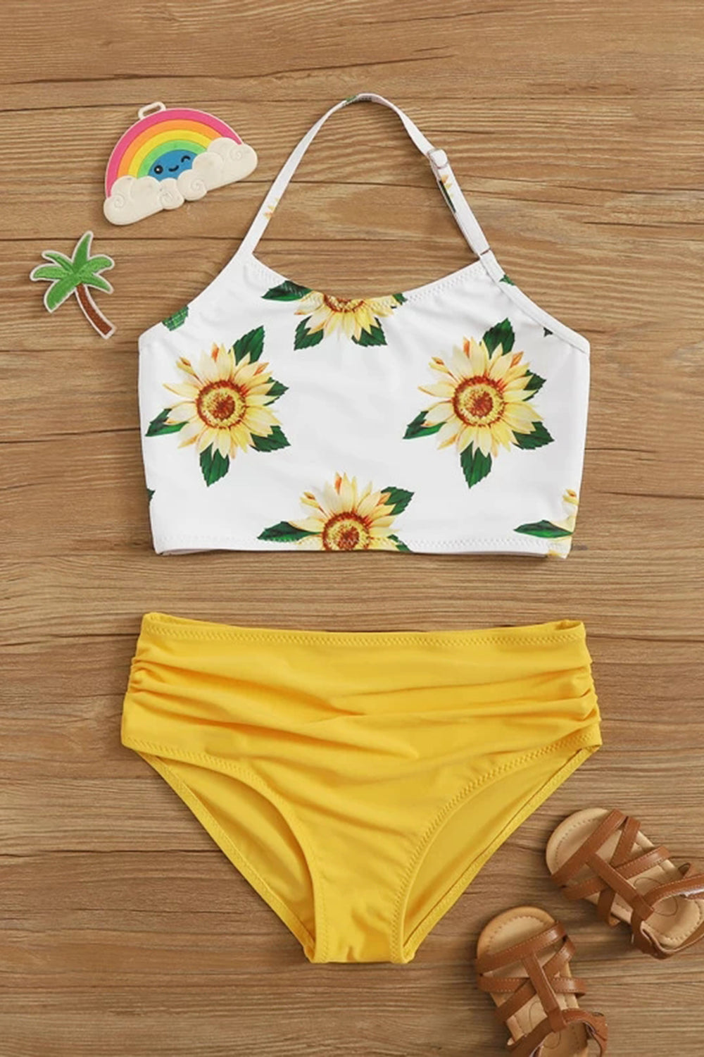 Girls Sunflower Print Halter Bikini