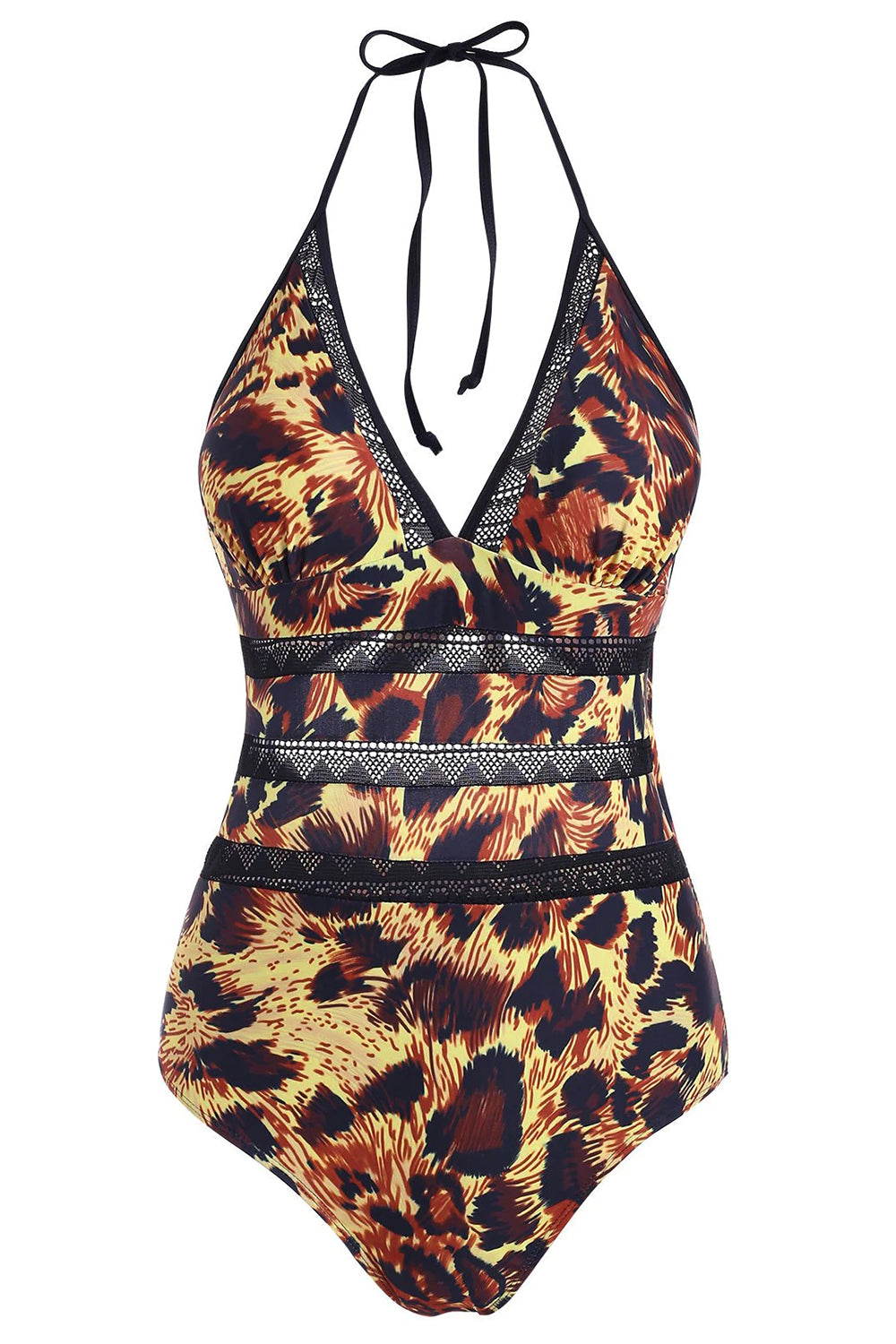 Leopard Backless Crochet Panel One-piece Halter Swimsuit