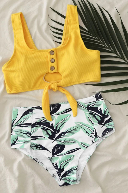 Plant Print Rib Knot Front High Waisted Bikini